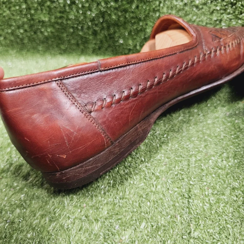 Santoni Woven Brown Leather Slip On Dress Penny Loafers Mens Size 9.5